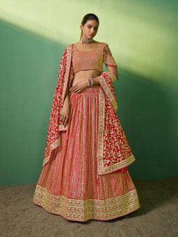 Odette - Women Red Embroidered Georgette Semi-Stitched Lehenga with Unstitched Blouse and Dupatta (Set of 3)