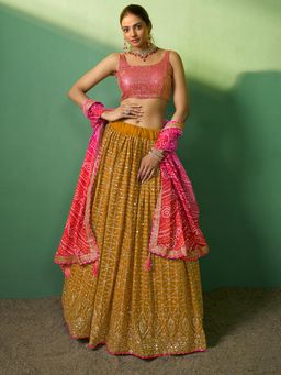 Odette - Women Mustard Embroidered Georgette Semi-Stitched Lehenga with Unstitched Blouse and Dupatta (Set of 3)