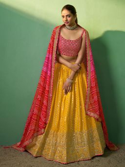 Odette - Women Yellow Embroidered Georgette Semi-Stitched Lehenga with Unstitched Blouse and Dupatta (Set of 3)