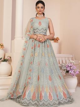 Odette - Women Grey Embroidered Net Semi-Stitched Lehenga with Unstitched Blouse and Dupatta (Set of 3)