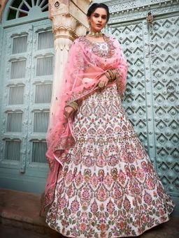 Odette - Women Off White Embroidered Organza Semi-Stitched Lehenga with Unstitched Blouse and Dupatta (Set of 3)