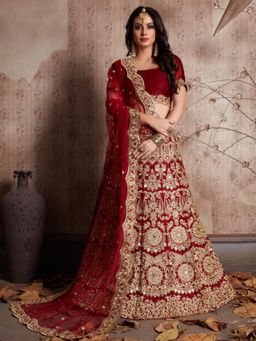 Odette - Women Maroon Embroidered Velvet Semi-Stitched Lehenga with Unstitched Blouse and Dupatta (Set of 3)