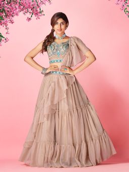 Odette - Women Peach Embellished Chiffon Semi-Stitched Lehenga with Unstitched Blouse and Dupatta (Set of 3)