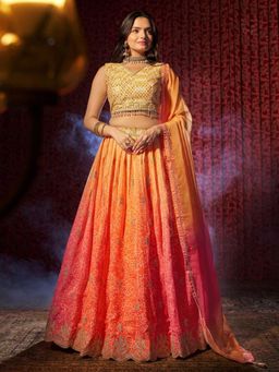 Odette - Women Orange Embroidered Organza Semi-Stitched Lehenga with Unstitched Blouse and Dupatta (Set of 3)