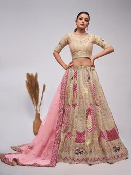 Odette - Women Gold Embellished Organza Semi-Stitched Lehenga with Unstitched Blouse and Dupatta (Set of 3)