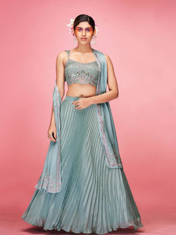 Odette - Sky Blue Designer Embroidered Semi Stitched Lehenga With Unstitched Blouse (Set of 3)