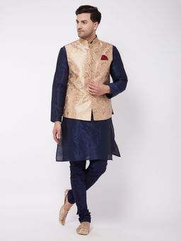 Vastramay - Men's Rose Gold And Navy Blue Silk Blend Jacket, Kurta And Pyjama Set (Set of 3)