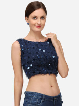 Amrutam Fab - Womens Sequences Navy Blue Silk Stiched Blouse With Boat Neck