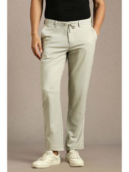 Louis Philippe - Mens Light Green Solid Flat Front Casual Trousers