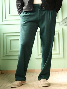Campus Sutra - Mens Sacramento Green Pleated-Ribbed Trousers