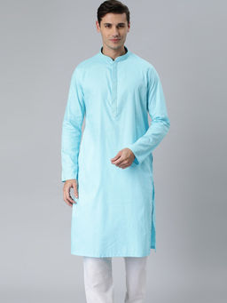 Manthan - Blue Cotton Full Sleeves Solid Kurta
