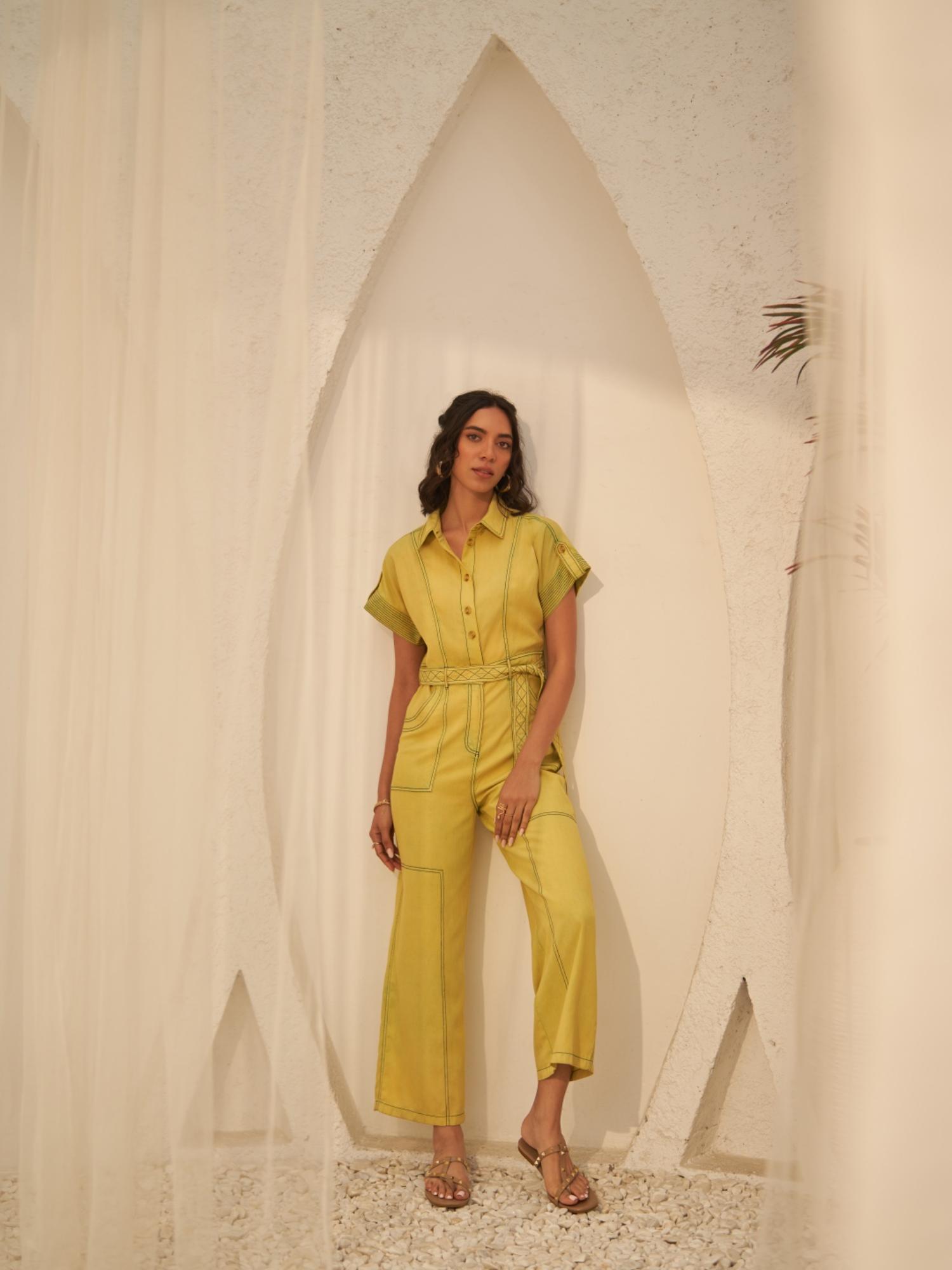 style island Adele Lime Jumpsuit with a Tie Waist Belt- Yellow-picture-33