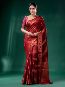 CHARUKRITI - Dark Red Cotton Silk Saree with Woven Design with Unstitched Blouse