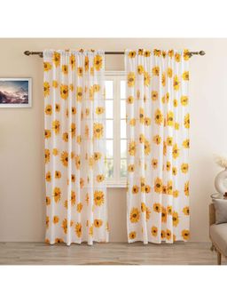 HOMEMONDE - White Cotton Linen Sheer Sunflower Floral Printed Window & Door Curtains