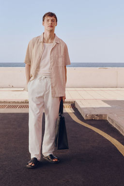 H&M - Men White Regular Fit Linen-Blend Trousers