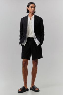 H&M - Men Black Relaxed Fit Linen-Blend Shorts