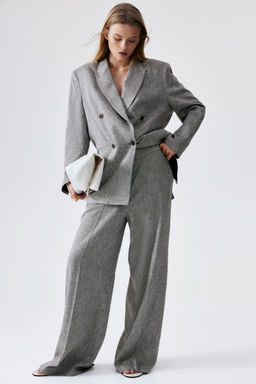 H&M - Women Grey Wide Linen-Blend Trousers