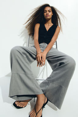H&M - Women Grey Linen-Blend Drawstring Trousers