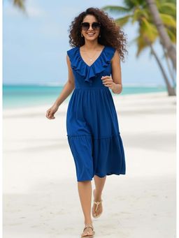 June 9 Clothing - Cool Blue Poly Moss Back Cutout Ruffle Trim Ruffle Hem Dress
