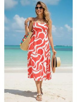 June 9 Clothing - Women Red Viscose Abstract Midi Dress For Women