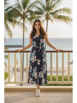 June 9 Clothing - Navy Blue Floral Printed Midi Shirt Dress with Belt