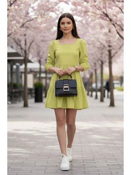 June 9 Clothing - Green Solid Cotton Satin A-Line Mini Dress