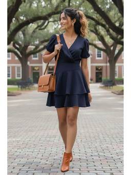 June 9 Clothing - Deep Blue Wrap Ruffle Mini Dress
