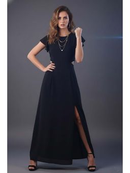 June 9 Clothing - Women's Black Georgette Waist Cut-Out Maxi Dress