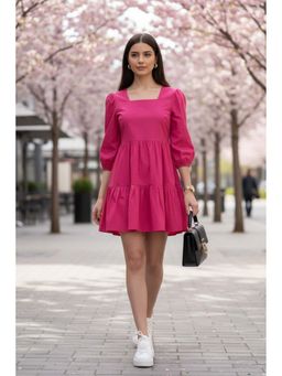 June 9 Clothing - Women's Pink Cotton Solid Flared Mini Dress
