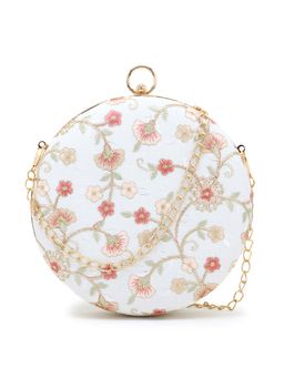 Anekaant - Gala Natural & Multi Faux Silk Floral Embroidered Round Clutch