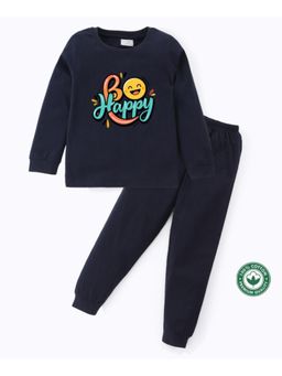BLUSHES - Unisex Full Sleeves Be Happy Text Printed Sweatshirt with Joggers (Set of 2)
