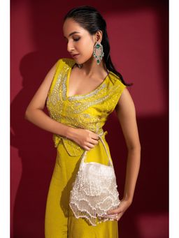 Modarta By Kamakshi - Silver Pearl Tassel Hand Embroidered Velvet Potli Bag