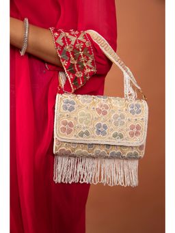 Modarta By Kamakshi - White Pearl Floral Embroidered Raw Silk Handbag with Beads Sequins