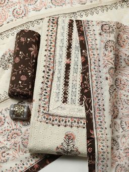 MEENA BAZAAR - Brown Cotton Unstitched Top With Bottom & Dupatta