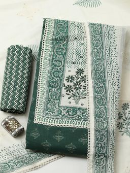 MEENA BAZAAR - Green Cotton Unstitched Top With Bottom & Dupatta