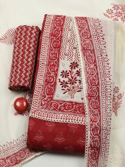 MEENA BAZAAR - Maroon Cotton Unstitched Top With Bottom & Dupatta