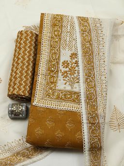 MEENA BAZAAR - Mustard Cotton Unstitched Top With Bottom & Dupatta