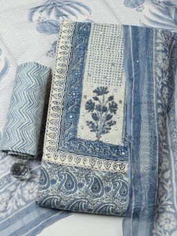 MEENA BAZAAR - Blue Cotton Unstitched Top With Bottom & Dupatta