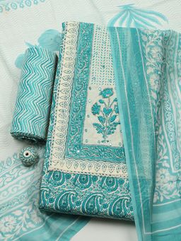 MEENA BAZAAR - Green Cotton Unstitched Top With Bottom & Dupatta