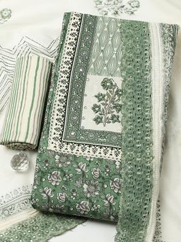 MEENA BAZAAR - Green Cotton Unstitched Top With Bottom & Dupatta