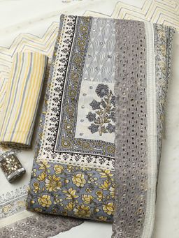 MEENA BAZAAR - Grey Cotton Unstitched Top With Bottom & Dupatta