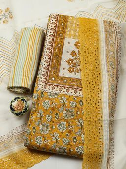 MEENA BAZAAR - Mustard Cotton Unstitched Top With Bottom & Dupatta