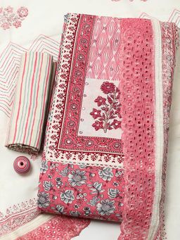 MEENA BAZAAR - Pink Cotton Unstitched Top With Bottom & Dupatta