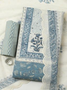 MEENA BAZAAR - Blue Cotton Unstitched Top With Bottom & Dupatta