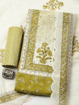 MEENA BAZAAR - Green Cotton Unstitched Top With Bottom & Dupatta