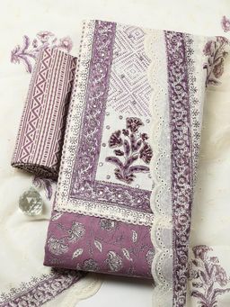 MEENA BAZAAR - Purple Cotton Unstitched Top With Bottom & Dupatta