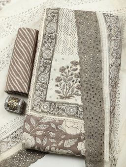 MEENA BAZAAR - Grey Cotton Unstitched Top With Bottom & Dupatta