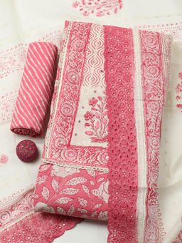 MEENA BAZAAR - Pink Cotton Unstitched Top With Bottom & Dupatta