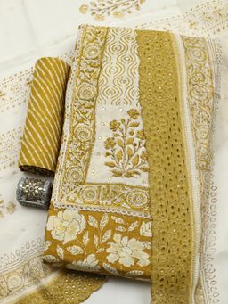 MEENA BAZAAR - Green Cotton Unstitched Top With Bottom & Dupatta