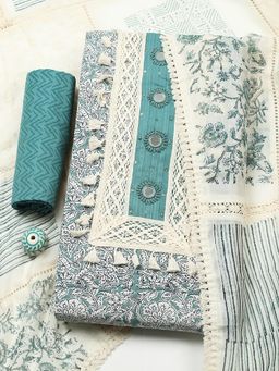 MEENA BAZAAR - Blue Cotton Unstitched Top With Bottom & Dupatta